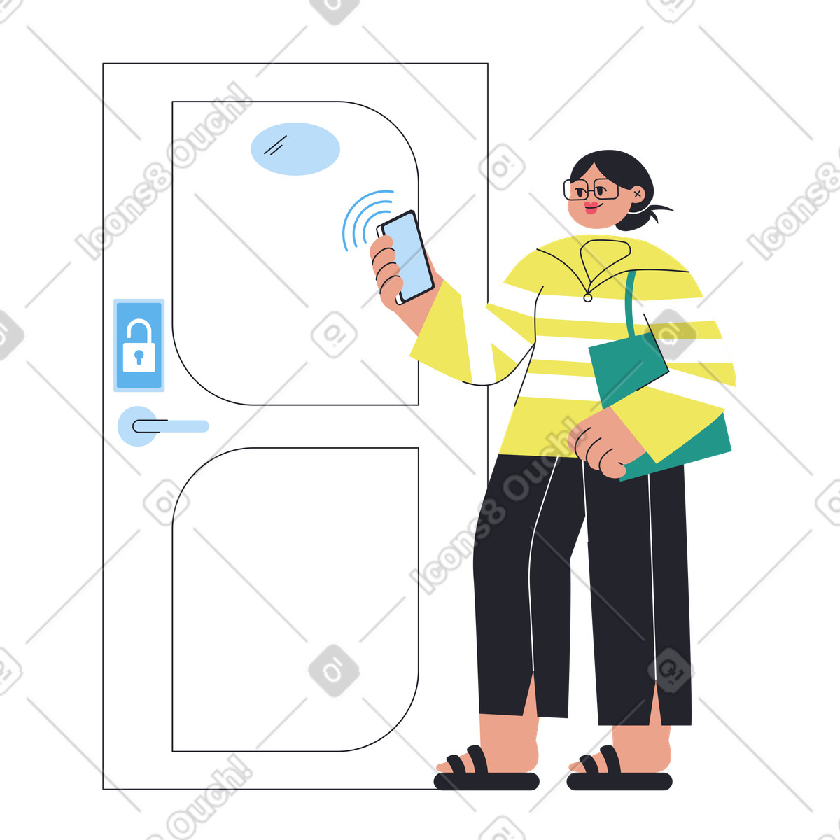 Unlocking front door with smartphone, smart home access technology illustrazione in stile Boba scarica in PNG, SVG