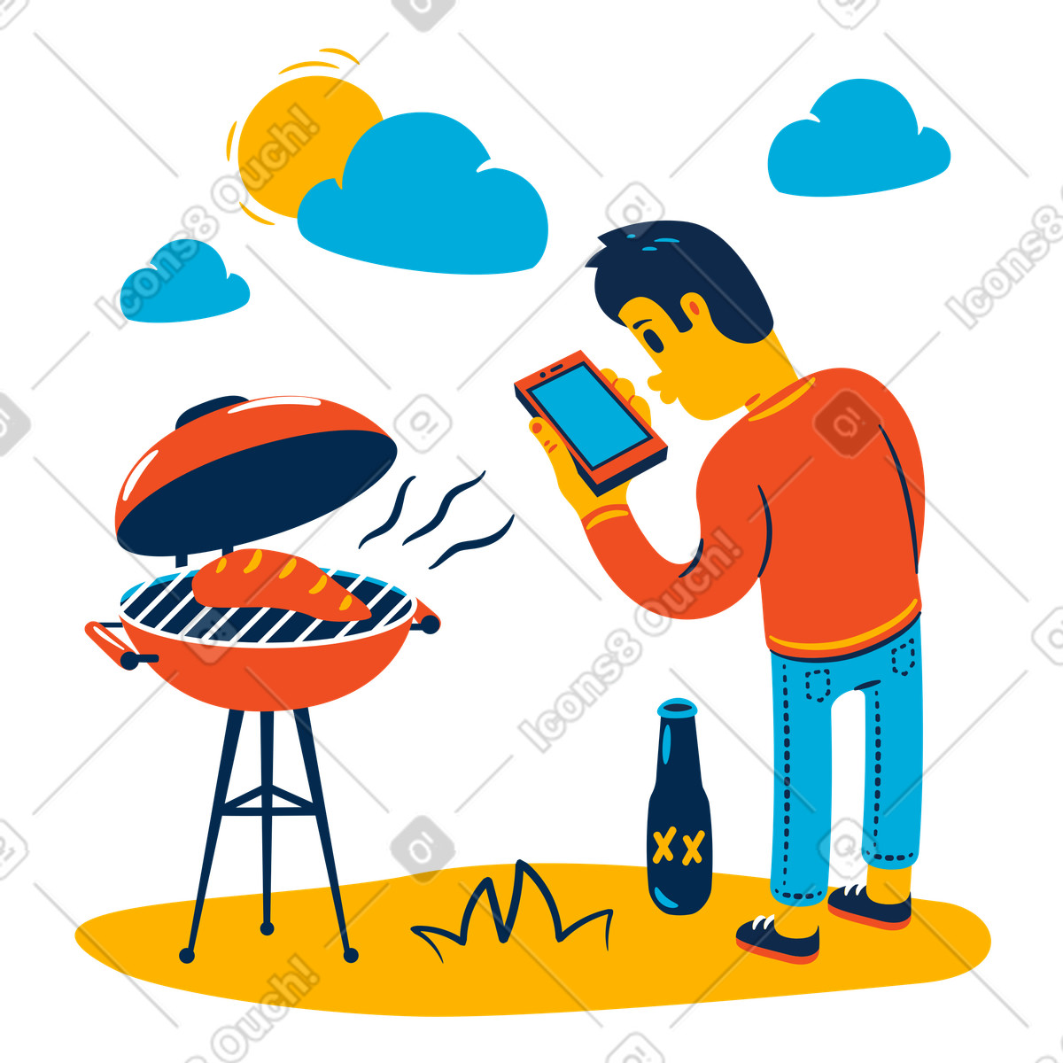 Uomo che griglia carne all'aperto illustrazione in stile Flame scarica in PNG, SVG
