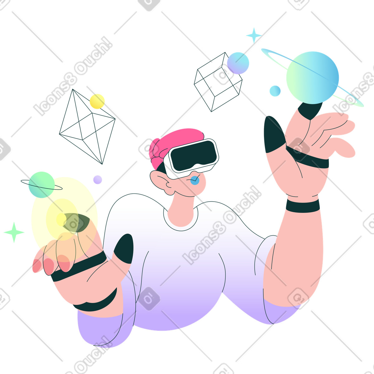 Ilustração animada de Exploring virtual world with vr headset, augmented reality experience em GIF, Lottie (JSON), AE