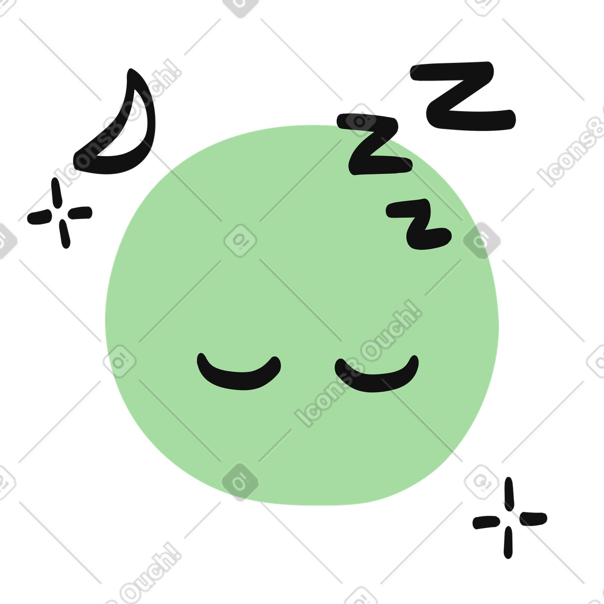 Organic スタイルの Sleep emoji green face with closed eyes and snoring zzz のイラストをPNG、SVG形式でダウンロード