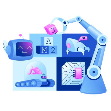 A robot and robotic arm with technology elements - Glossy style illustration