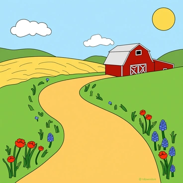 A bright yellow brick road winds gently through a picturesque farm landscape. The road is lined with lush green grass that sways in a light breeze. On either side of the road, there are vibrant patches of colorful wildflowers, including red poppies and bluebells. In the background, a red barn with a white roof is visible, surrounded by rolling hills and fields of golden wheat. A few fluffy white clouds drift lazily in a blue sky above. A cheerful sun casts warm light over the scene, highlighting the beauty of the countryside.