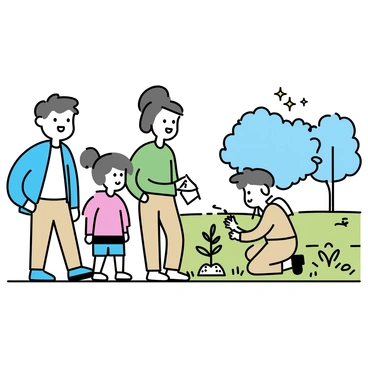 A group of three park visitors, consisting of a man wearing a blue jacket, a woman in a green sweater, and a child in a red shirt, stand by a walking path. They are attentively watching a volunteer, dressed in a light brown shirt and khaki pants, as he plants a young tree into the ground. The volunteer is kneeling on the grass, using a small shovel to dig a hole for the tree, while the sun casts gentle shadows around them. In the background, there are patches of green grass and a few scattered flowers, adding color to the scene. The park is lively with surrounding trees and a clear blue sky above.