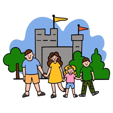 A family of four exploring the grounds of a medieval castle on a sunny day. The family includes a light-skinned father with short brown hair, wearing a blue t-shirt and beige shorts. Next to him is a light-skinned mother with long wavy brown hair, dressed in a yellow sundress and sandals. Their young daughter has light skin and curly blonde hair, wearing a pink t-shirt and denim shorts, while their son has light skin and straight brown hair, wearing a green t-shirt and cargo pants. The castle is made of gray stone, with tall towers and flags waving in the breeze. The sunny sky is bright blue, and there are green trees surrounding the castle grounds. The family appears excited and interested as they walk together.