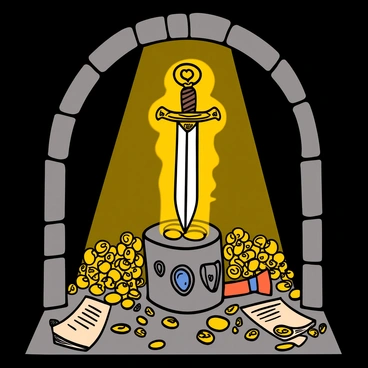 A treasure vault with stone walls filled with gold coins and glittering jewels. In the center of the vault, there is a legendary sword on a pedestal, emanating a bright golden aura. The sword has an ornate hilt with intricate designs, and the blade is shimmering with a silver sheen. Surrounding the sword are scattered ancient scrolls and artifacts, adding to the sense of history and treasure. The atmosphere is filled with a sense of awe and wonder, as the light from the sword casts flickering shadows in the dimly lit room.