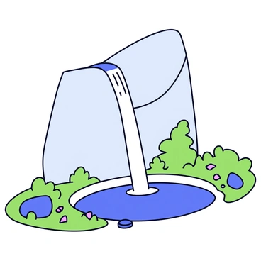 A waterfall flowing down from a cliff that is dramatically shaped like a giant nose. The cliff has a smooth surface with subtle textures, highlighting the nose's prominent features. Below the waterfall, there is a small pool collecting the water, reflecting the natural surroundings. Lush greenery surrounds the base of the cliff, with rocks and pebbles scattered along the shore of the pool. The waterfall's water is clear and sparkles in the light as it tumbles over the edge.