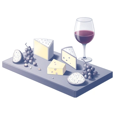 A close-up view of a cheese board, artfully arranged with various types of cheeses including soft brie, sharp cheddar, and blue cheese. The surface of the board is adorned with small clusters of grapes, slices of crusty bread, and a few nuts scattered throughout. A glass of red wine sits beside the board, reflecting the light and showcasing the rich texture of the wine. The background is softly blurred, emphasizing the details of the cheese board and the elegance of the wine glass.