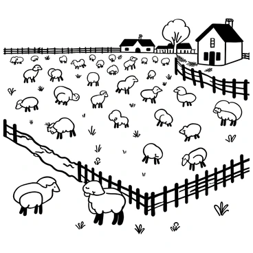 A village green filled with numerous sheep scattered across the landscape, some munching on the grass while others graze in clusters. Patches of grass are visibly worn and damaged, showing signs of overgrazing. In the background, a quaint village with rustic houses sits at the edge of the green, with a few trees providing shade. A wooden fence outlines the village green, and tufts of grass and small wildflowers poke through the soil where the grass is depleted.