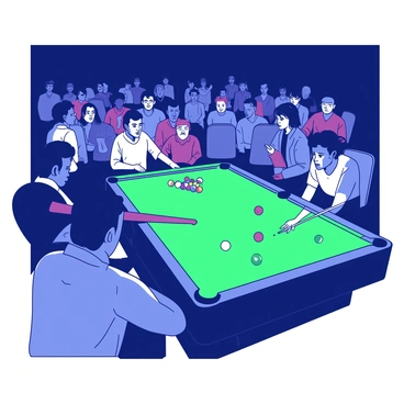 A group of diverse spectators sits in a dimly lit room, intensely focused on a professional billiard match happening in front of them. Among the audience, there are individuals of different ages and ethnicities, with expressions of concentration and excitement on their faces. The spectators are positioned in rows, some leaning forward in their seats while others are standing, all directed toward a well-lit green billiard table. The table holds colorful billiard balls in strategic positions, and the cue stick is poised above the table, ready for the next shot. The atmosphere is charged with anticipation as the players make their moves.