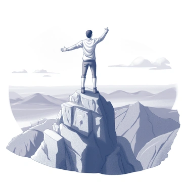 A person stands confidently on a rugged mountain peak, overlooking a vast expanse of rocky terrain and distant hills. The individual has a determined posture, with feet firmly planted apart, and arms raised slightly to the sides, conveying a sense of triumph. The sky above is clear, with a few scattered clouds, enhancing the feeling of elevation. The mountain's jagged edges and steep cliffs are sharply defined, showcasing the challenging environment. The overall composition emphasizes the individual’s connection with nature and the monumental achievement of reaching the summit.