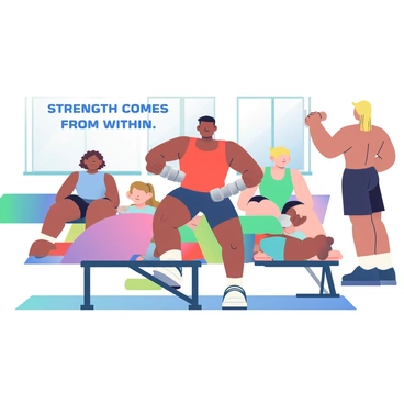 A beginner's fitness class is taking place in a bright gym setting. In the center, an instructor with short black hair and wearing a fitted red tank top is demonstrating the dumbbell bench press. There are four attendees, each with different body types and fitness levels, lying on bench press benches. One attendee, with curly brown hair and a blue workout shirt, is receiving guidance from the instructor on proper form. Another attendee, a tall person with straight blonde hair wearing black shorts, is lifting a pair of silver dumbbells. The gym has large windows allowing natural light to come in, and there are exercise mats and other fitness equipment in the background. A motivational quote is displayed on the wall in bold letters: "Strength Comes from Within."