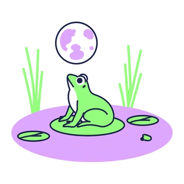 A frog is sitting on a lily pad in the center of a calm body of water. The frog has smooth skin and prominent eyes, gazing upwards. Above the frog, there is a large moon that dominates the night sky, its surface detailed with craters and shadows. The moon's reflection shimmers on the water's surface, creating a mirror image that ripples gently. Surrounding the scene, there are slender reeds and other lily pads, contributing to the tranquil atmosphere.