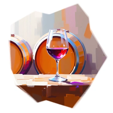 A wine glass filled with deep red wine is positioned prominently on a rustic wooden bar. The glass has a long stem and gently curved bowl, reflecting the soft light. In the background, wooden barrels are stacked, their aged surfaces showing signs of wear and time. The bar itself features a rich grain, with visible knots and textures adding to the rustic charm of the scene. The atmosphere suggests a cozy, inviting setting, perfect for enjoying a glass of wine.