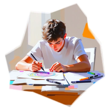 A close-up view of a student with medium skin tone focused intently as they use fine pen tools to create detailed scientific illustrations. The student has short, curly hair and is seated at a wooden desk cluttered with papers and drawing tools. They are holding a fine pen in their right hand, carefully detailing intricate diagrams of plant cells on a sheet of sketch paper. The student's other hand supports the paper, ensuring precision in their work. Various colored ink pens and reference books are visible in the background, adding context to the scene.