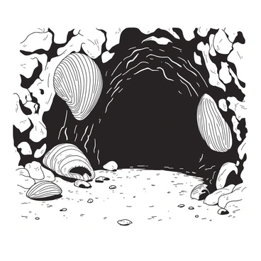 A large underground cave with rugged walls is adorned with massive fossilized sea shells embedded in the stone. The shells are intricately detailed, showcasing various textures and patterns. Some shells are partially protruding from the rocky surface, while others are more deeply integrated into the wall. The dimly lit cave creates a shadowy atmosphere, highlighting the unique shapes of the fossilized shells, with hints of moisture glistening on the cave walls. The ground is uneven, scattered with small stones and pebbles, leading deeper into the cave's mysterious interior.