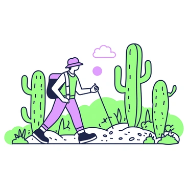 A hiker with a backpack is walking along a desert trail. The trail is surrounded by towering cacti standing tall in various shapes, some with arms extending outward. The hiker is wearing a wide-brimmed hat to shield from the sun, and sturdy hiking boots. In the background, there is a clear sky with a few wispy clouds. The ground is covered with scattered pebbles and dry vegetation. The cacti cast long shadows on the trail as the sun is positioned high in the sky.