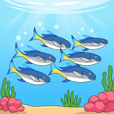 A vibrant school of small fish swimming together in perfect synchrony, their scales shimmering in shades of blue, silver, and yellow. The fish are arranged in a tight formation, with their bodies reflecting the sunlight filtering through the crystal-clear blue water. Bubbles rise around them as they gracefully move, creating a playful scene. Small corals and aquatic plants are visible in the background, adding pops of color to the underwater environment.