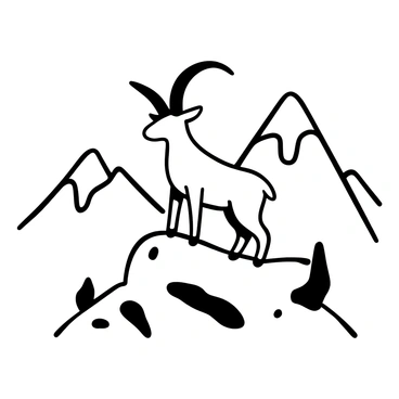 An ibex standing confidently on a snowy peak, its curved horns prominently displayed. The landscape includes majestic mountains in the background, their peaks capped with snow. The ground is covered in a thick layer of snow, with some rocks peeking through. The sky is clear, allowing for a wide view of the mountainous terrain.