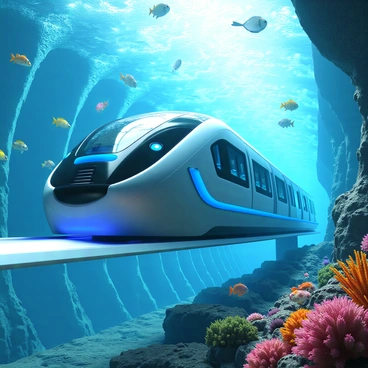 A hyperloop train with a sleek, streamlined design is traveling at high speed through a transparent underwater tunnel. The exterior of the train is metallic silver with bright blue accents. Outside the tunnel, various marine life, including colorful fish, a large sea turtle, and a school of vibrant coral, can be seen swimming. The tunnel's walls are illuminated with soft blue lights, creating a futuristic atmosphere as bubbles trail behind the train.