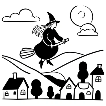 A medieval witch with flowing robes and a pointed hat is flying on a broomstick. Below her, a picturesque village is nestled among rolling hills, with quaint houses and winding streets. The sky is filled with bold, swirling clouds, indicating the time of sunset. The witch's hair streams behind her as she rides the broomstick, creating a sense of movement. The details of the village, such as chimneys and rooftops, are clearly visible in the composition.