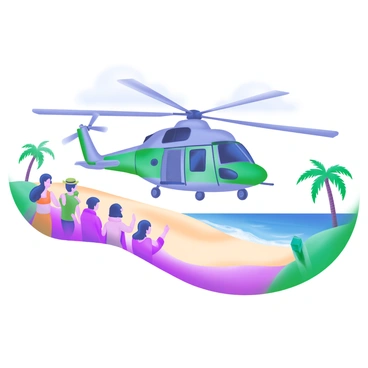 An NH90 helicopter is descending towards a sandy beach, with its blades spinning prominently. The helicopter is painted in military green and gray colors, showcasing its sleek design. In the foreground, a group of people are gathered, observing the landing with excitement. They are dressed in casual beachwear, some shielding their eyes from the sun as they watch. The beach is lined with fine, light-colored sand, and gentle waves can be seen lapping at the shore. A few palm trees are scattered around, adding to the coastal scene. The sky above is clear with a few fluffy clouds.