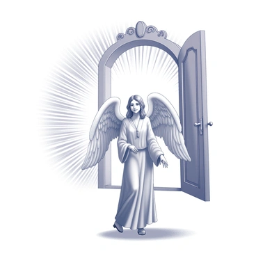 An angelic figure with large, detailed wings stands prominently in front of an open door. The door is ornately designed, featuring intricate carvings and a large, arched top. The figure has a serene expression, with flowing robes that cascade around their form. The space around the door is filled with radiating lines suggesting a source of light, illuminating the figure's features and casting gentle shadows on the ground. The overall atmosphere conveys a sense of peace and purity.