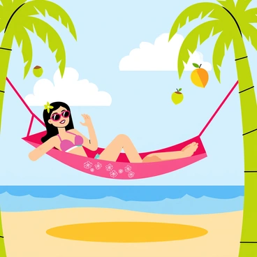 A cartoon-style illustration of "Barbie" lounging in a colorful hammock, suspended between two tall, green palm trees. The hammock is bright pink with floral patterns. Surrounding her is a vibrant tropical island with golden sand and turquoise waters. Several coconuts hang from the palm trees above. In the background, fluffy white clouds dot the blue sky, enhancing the tropical feel of the scene. "Barbie" is wearing a stylish swimsuit and sunglasses, enjoying the sunny weather.