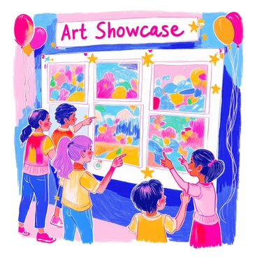 An illustration features a display of children's imaginative drawings showcased at an award event. The drawings are vibrant and colorful, depicting various themes such as animals, nature, and fantastical landscapes. Each piece of artwork is mounted on a white board, with gold stars and ribbons indicating awards. Children of diverse backgrounds are gathered around, pointing and smiling at their artwork. A banner overhead reads "Art Showcase," and there are balloons in different colors tied to the corners of the display area.