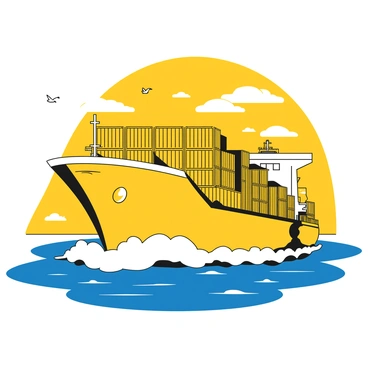 A massive container ship is sailing through the open ocean, its hull adorned with numerous shipping containers stacked high. The ship is cutting through the waves, creating frothy white water around its bow. The sky above is vast and clear, with a few scattered clouds. In the distance, the horizon stretches out, meeting the deep blue of the water. The sun casts long shadows on the ship, emphasizing its size and structure. Seagulls can be seen flying around the ship, adding a sense of movement to the scene.
