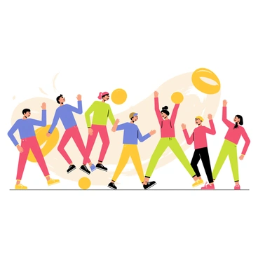 Colorful silhouettes of people in various poses performing jumping jacks. The silhouettes are filled with vibrant colors, including red, blue, green, and yellow. The background is a bright abstract composition, featuring swirling patterns and gradients of orange, pink, and teal. Some silhouettes are mid-air, while others are touching the ground, creating a dynamic sense of movement and energy throughout the scene.