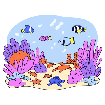 A vibrant coral reef with various shapes and sizes of coral, predominantly in shades of pink, orange, and purple. Numerous colorful fish swim among the corals, including blue tangs, clownfish, and parrotfish. The scene features a mix of marine life, such as starfish resting on the sandy bottom and sea turtles gliding gracefully through the water. Sunlight filters down from the surface, casting shimmering patterns over the reef.