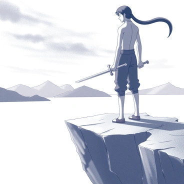 A tall figure stands on a rugged cliff edge, facing the horizon. "Zoro," dressed in his signature attire, is depicted with his swords positioned at his side, ready for action. His long hair is blown back by the strong winds, creating a dynamic effect. The rocky cliff is jagged, with a steep drop beneath it, emphasizing the height. The sky above is filled with swirling clouds, suggesting an impending storm, adding to the intensity of the moment. In the background, distant mountains can be seen, providing a sense of scale and isolation as he prepares for an epic duel.