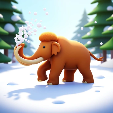 A young mammoth with fluffy, light brown fur is playfully spraying snow with its trunk. The mammoth stands on its sturdy legs, with its ears flopping slightly as it moves. Snowflakes are flying around, creating a lively atmosphere. The ground is covered in a thick layer of white snow, and the mammoth's footprints are visible in the fresh powder. Bright sunlight filters through the trees, casting gentle shadows on the snowy landscape.