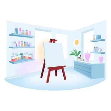 A spotless artist's studio features clean white walls that create a bright and open atmosphere. In the center of the room stands an easel holding an empty canvas ready for new creations. Surrounding the easel are shelves filled with neatly organized materials, including tubes of paint, brushes, and various art supplies, all arranged in an orderly fashion. The floor is polished and free of clutter, enhancing the pristine look of the space. A warm glow from a nearby window illuminates the studio, highlighting the inviting environment for artistic inspiration.