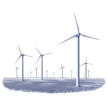 A vast field filled with numerous wind turbines. Each turbine stands tall on its long pole, with blades actively spinning in the wind. The turbines are arranged in rows, creating a sense of order and symmetry across the landscape. The background features a clear sky, allowing plenty of sunlight to illuminate the scene. The ground is a mix of green grass and patches of wildflowers, which add texture to the composition.