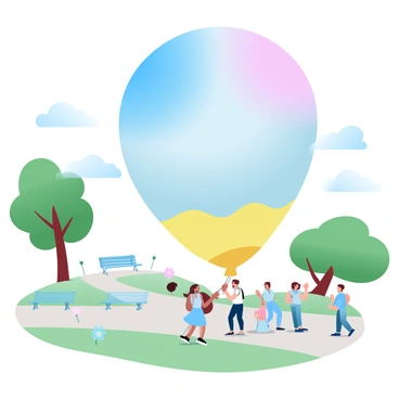 A giant balloon is being inflated in a city park, surrounded by trees and grass. The balloon is vibrant and colorful, reflecting shades of blue, pink, and yellow. People are gathered around, some holding the nozzle used for inflation. The balloon's surface is taut, showing signs of pressure as it expands. A few park benches and a path lined with flowers are visible in the background. Bright sunlight casts cheerful shadows on the ground, emphasizing the excitement of the scene.