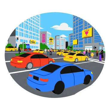 A sleek blue car speeding away from a bustling city intersection. The car is positioned in the foreground, with its rear visible as it accelerates. Surrounding the car are various other vehicles, including red sedans, yellow taxis, and delivery vans, all in motion. The background features a mix of tall buildings with glass windows reflecting the sun, and colorful billboards advertising different products. Pedestrians can be seen on the sidewalks, some looking at their phones, while others engage in conversation. The overall scene captures the dynamic energy of city traffic.