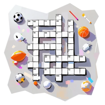 A detailed crossword grid filled with black and white squares, incorporating illustrations of sports equipment and activities for each clue. In the corners of the grid, there are small icons representing various sports such as a football, a tennis racket, a basketball, and a pair of skates. Each clue is accompanied by a visual depiction: for example, a baseball bat and ball next to a clue for "baseball," and a soccer ball alongside "soccer." The overall design is intricate, with clear lines delineating the grid and vivid representations of the sports items enhancing the visual appeal.