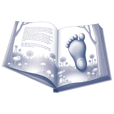 A storybook page featuring a large, detailed illustration of a "rabbit's foot" placed prominently in the center. The rabbit's foot is adorned with intricate patterns and textures, showcasing its fur and unique characteristics. Surrounding the foot are various whimsical elements, such as small wildflowers, mushrooms, and enchanted foliage that adds a sense of wonder to the scene. The background includes a softly sketched forest setting, with trees that frame the composition and create a magical atmosphere. Text elements are included in decorative fonts, enhancing the enchanting theme of the page.