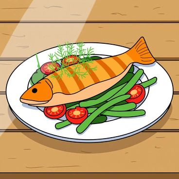 A beautifully plated fish dish, featuring a golden-brown grilled fish, garnished with delicate green fennel fronds. The fish is elegantly arranged on a round white plate, showcasing its perfectly cooked texture. Surrounding the fish are vibrant, colorful vegetables such as sliced cherry tomatoes, and green beans, adding pops of color. The rustic wooden table underneath adds warmth to the scene, with visible wood grain and texture. Soft natural light is filtering in, highlighting the dish's freshness and inviting appearance.