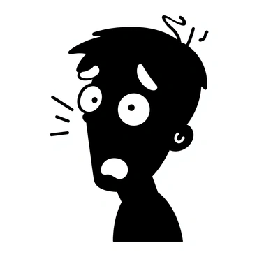 A black silhouette of a face with exaggerated features to convey emotions. The face is turned slightly to the side, with the eyes wide open and the eyebrows arched to indicate surprise. The mouth is open in a silent scream, showcasing panic. The neck is tilted forward, and the shoulders are hunched to emphasize tension. The entire posture suggests a sense of urgency and distress.