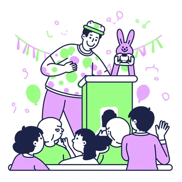 A comedian is standing on a small stage, engaging a group of children seated in front of him. He has a wide smile and is wearing a colorful shirt with various patterns. In his hands, he holds two hand puppets: one is a green frog and the other is a purple rabbit. The comedian is animatedly moving the puppets, making them mimic funny expressions and gestures. The children are laughing, some with their hands raised in excitement, while others are leaning forward, captivated by the performance. Bright decorations and balloons in the background add to the cheerful atmosphere of the scene.