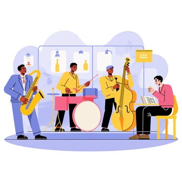 A small jazz band consisting of four musicians is performing in a cozy, dimly lit club. The first musician plays a shiny saxophone, with a focused expression as he sways to the music. The second musician, a drummer, is seated behind a compact drum set, hitting the snare drum with energy. A third musician plays a double bass, with the instrument resting against him as he plucks the strings. The fourth musician, a pianist, is seated at a small, grand piano, with sheet music placed in front of him. Soft, warm light casts gentle shadows around the room, highlighting the wooden bar and round tables scattered throughout the background. A few guests sit at the tables, enjoying the performance and sipping drinks. "Live Jazz" is displayed on a small sign near the stage.