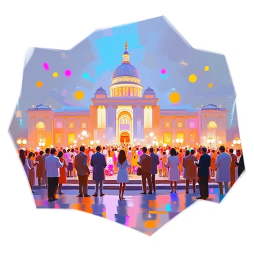 A grand celebration event taking place at the Parliament building, illuminated by numerous colorful lights. The exterior of the building is adorned with festive decorations, including banners and garlands that signify the occasion. A crowd of elegantly dressed guests gathers on the steps, some holding drinks and engaging in lively conversation. In the background, the iconic architecture of Parliament stands majestically against the night sky, creating a vibrant atmosphere for this significant celebration.