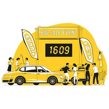 A digital countdown clock prominently displayed at a car dealership. The clock shows a time countdown in bright digits, indicating the days, hours, minutes, and seconds remaining. Surrounding the clock are various shiny cars on display, highlighting different models available for sale. Banners hang from the ceiling, featuring the words "Big Sale Event" in bold letters. People are walking around, some examining the cars, while others glance at the countdown clock, creating an atmosphere of excitement and urgency.