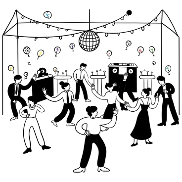 A high school prom dance scene featuring students dressed in formal attire. The dance floor is filled with students dancing closely together, some in elegant dresses and others in sharp suits. There are decorative elements such as a large sparkling disco ball hanging from the ceiling, casting reflections across the room. Streamers and balloons add festive touches around the perimeter of the dance area. Tables are set up along the sides, adorned with small centerpieces. A DJ booth is positioned in one corner, with speakers and colorful lights illuminating the atmosphere.