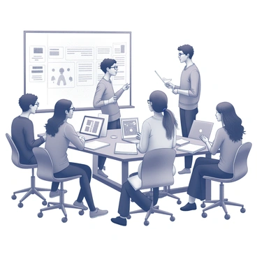 A group of diverse students gathered around a table in a workshop setting. Each student is focused on their individual workspaces, surrounded by various design tools, sketchbooks, and laptops. One student is pointing at a screen displaying a design project, while another is taking notes. The atmosphere is collaborative, with some students discussing and sharing ideas, while others are sketching their concepts on paper. A whiteboard in the background displays design principles and brainstorming notes.