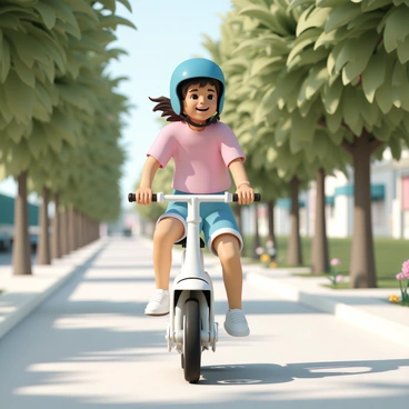 A young girl, wearing a bright blue helmet, a pink t-shirt, and denim shorts, is riding a scooter along a tree-lined street. The trees on either side are lush with green foliage, creating a canopy overhead. Sunlight filters through the leaves, casting dappled shadows on the pavement. The girl has a wide smile on her face, her hair flowing in the breeze as she leans slightly forward, embracing the feeling of freedom. In the background, a few colorful flowers bloom along the sidewalk, adding vibrant touches to the scene.