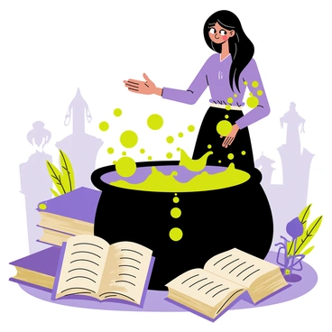 A witch with long, flowing black hair is carefully brewing a bubbling potion in a large, dark green cauldron. The cauldron is positioned on a stone surface, and vibrant green and purple liquids are swirling inside, creating bubbles that rise and pop. Surrounding the cauldron are several ancient spellbooks with weathered covers, their pages slightly open as if recent spells have been studied. Dim candlelight flickers, casting warm shadows around the scene. In the background, shadows of mystical herbs and a few magical artifacts add depth to the atmosphere.