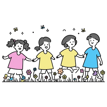 Four children, dressed in simple tunics, are playing joyfully in an enchanted forest. Each child has a distinct feature: one has curly hair, another has braided pigtails, the third has straight hair tied back, and the fourth has short hair. They are surrounded by an abundance of colorful flowers in shades of red, yellow, blue, and purple. Butterflies with delicate wings flutter around them, adding movement to the scene. The sunlight filters through the leaves, casting soft shadows on the forest floor.